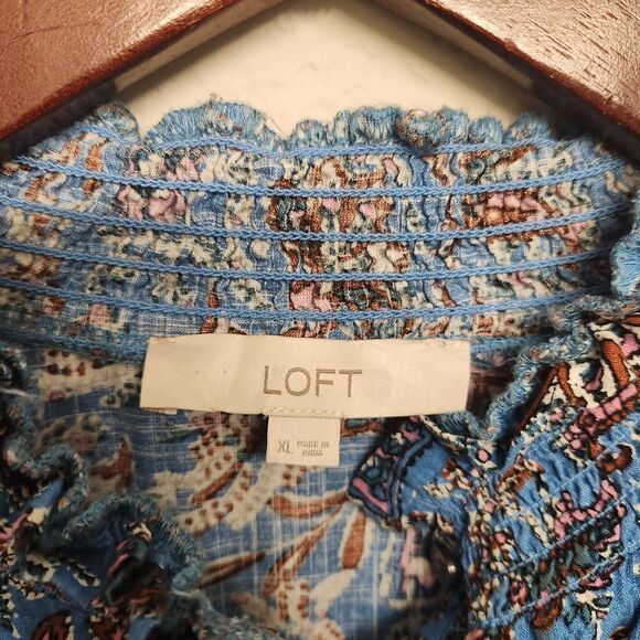LOFT Bouquet Ruffle Shirt Blue Paisley Size XL - Picture 6 of 6